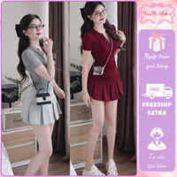 Set váy nữ áo thun cổ tròn tay cộc cài cúc ngực phối chân váy ngắn xếp ly, set đồ nữ dáng basic ôm body Yuumi HCOM25679