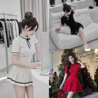 Sét Váy Nữ áo thun gân dây nơ cổ, kèm váy xếp ly tiểu thư sang trọng