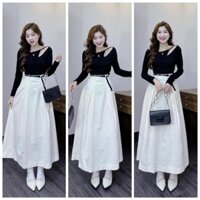 Set Váy Nữ: Áo Thun Tăm Tay Dài Khoét Vai, Mix Chân Váy Kaki Dáng Dài Xòe Nhẹ Kèm Dây Nịt - Cực Sang