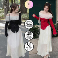 Set váy nữ áo trễ vai ren bèo, thiết kế tay dài có nút kết hợp chân váy voan xòe hai lớp phong cách tiểu thư, dễ thương