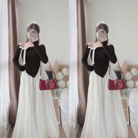 Sét Váy Nữ Áo Trễ Vai Vạt Nhọn Đính Nơ Phối Chân Váy Dài Voan Tơ
