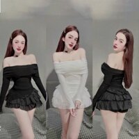 Sét Váy Nữ áo trễ vai voan tay dài, kèm váy xếp tầng kute