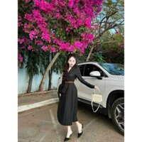 Set váy nữ áo vest và váy dài dập ly kèm đai thắt lưng sang chảnh