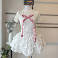 Sét Váy nữ bánh bèo Áo Gồm Thun Croptop Nơ Kẻ Dài + Chân Váy 4 Tầng Trắng A-11