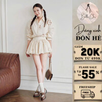 Set váy nữ BELLE_CHIC, áo sơ mi dài tay khoét hoa phối chân váy ngắn bồng xoè sang chảnh đi chơi đi du lịch BL2005