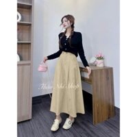 set váy nữ chân váy dài xèo chất cotton lạnh + áo thun gân lạnh dài tay cài nút,