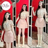 Set váy nữ chất dạ kim tuyến chấm bi áo tay ngắn cổ tròn dệt nơ phối chân váy tapta mặc đi chơi phố siêu sang
