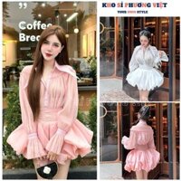Sét Váy Nữ Chất Tơ Xốp Gồm Áo Sơ Mi Cổ Nhọn Kèm Chân Váy Xoè Nhún Tầng Sang Chảnh - KHOSI