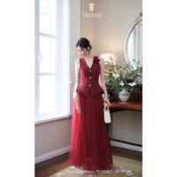 Set váy nữ chiết eo dáng dài, Set váy nữ áo ba lỗ chiết eo mix hoa cài ngực phối chân váy voan xoè dáng dài