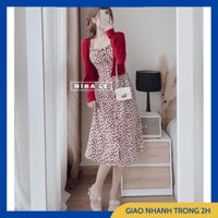 Sét Váy Nữ, Đầm 2 Dây Nữ Hoa Nhí Dáng Xòe Kèm Áo Khoác Cardigan Tay Dài Chất Liệu Cao Cấp Siêu Tôn Dáng Cực Sang Chảnh C