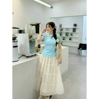 Set váy nữ dáng dài Chân váy kem xoè thiết kế nối tầng mix áo thun cổ tròn xanh trời MK0157