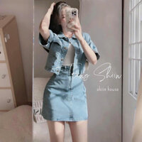Sét váy nữ đi chơi, áo tay ngắn cài nút mix chân váy chữ A chất vải Jean QC không kèm áo lót