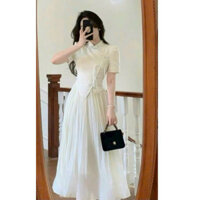 Set váy nữ đi chơi, áo xốp hoa phồng tay ngắn đính nút mây đính nơ lai tam giác mix chân váy voan xoè có lót,