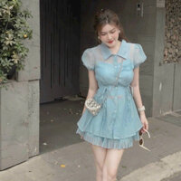 sét váy nữ đi chơi, set 3 món áo sơ mi cột dây eo 2 bên mix chân váy ngắn có lót quần kèm lót trong