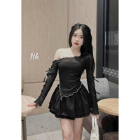 Set váy nữ đi chơi, sét áo trễ vai tay dài tà tam giác chất vải lưới gắn nơ mix chân váy có lót quần.