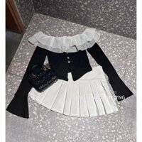 Sét Váy Nữ Gồm Áo Tăm Ống Tay Loe, Trễ Vai Phối Bèo+ Chân Váy Xếp Ly Có Lót Quần Trong , Chân Váp Cạp Chun Dễ Mặc