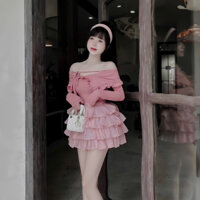 Sét Váy Nữ Gồm Áo Trễ Vai Dây Buộc Bẻ Cổ Sen + Chân Váy 4 Tầng