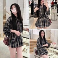 Set váy nữ kẻ sọc caro áo sơ mi cổ bẻ kẻ caro mix chân váy bí xòe có quần bảo hộ chất kẻ thô cao cấp