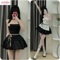 Sét Váy Nữ Kèm Hoa Gồm Áo Cổ Yếm Xẻ Dây Buộc Eo + Chân Váy Bí Phồng