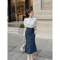 Sét váy nữ mặc đi chơi áo sơmi xốp gân cổ tròn tay ngắn mix chân váy đuôi cá dài lưng cao chất jeans cứng cao cấp