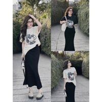 Set váy nữ mặc đi chơi chất thun gân tay ngắn cổ tròn họa tiết IN mix chân váy đuôi cá dài mẫu mã xinh xắn