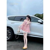 Sét váy nữ mặc đi chơi dễ thương áo chất bố caro hai dây thắt nơ có mút form xoè phối tầng mix chân váy chữ A có lót