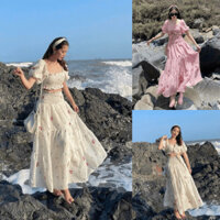 Set váy nữ maxi áo croptop kết nơ mix chân váy xòe nhún eo với họa tiết hoa cùng 2 tone màu tôn da, siêu xinh