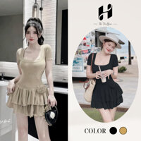 Set Váy Nữ Mini Chất Thun Tăm Ôm Body Chân Váy Tầng Đính Hoa, Đầm Nữ Cổ Vuông Tay Ngắn Thời Trang Basic H-Store