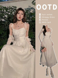 Set Váy Nữ Mới Cao Cấp, Khí Chất, Váy 2 Dây Dáng Dài Cột Nơ Và Áo Khoác Cardigan Mỏng Nhẹ Nhàng