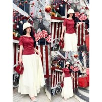 Set váy nữ mùa đông áo tăm lạnh cổ thuyền màu đỏ nhún eo tay ngắn phối chân váy voan tơ 2 lớp siêu đáng yêu