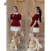 Set váy nữ mùa đông chất nhung kim tuyến tay ngắn phối cổ trụ đính bông chân váy mango khoá kéo có lót