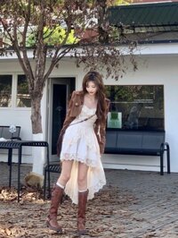 Set Váy Nữ Phong Cách Pháp Khí Chất Váy Đuôi Tôm Dáng Ngắn Phối Ren Kèm Áo Khoác Phê Áo Khoác