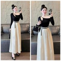 Sét váy nữ sang chảnh áo chất tăm lạnh hở 1 bên vai tay dài mix chân váy dáng dài cotton lạnh kèm nịt