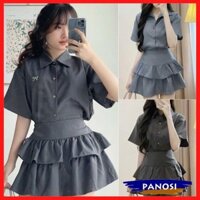 Set váy nữ sang chảnh áo sơ mi thêu nơ nhỏ kèm chân váy 2 tầng xòe bồng xinh xắn chất xước thái hàng đẹp B324-PANOSI