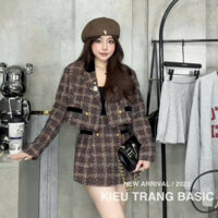 sét váy nữ sang chảnh,áo khoác vest nữ kẻ sọc mix chân váy chữ a phối khuy đồng L124