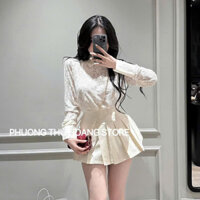 sét váy nữ sang chảnh,áo ren dài tay dài hai lớp mix chân váy xếp ly T14