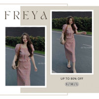 🛍Set váy nữ 🛍Set áo cổ vuông tay ngắn tay phồng, bèo vạt áo mix chân váy dài,Set váy hồng xinh xắn,Set váy dáng dài midi