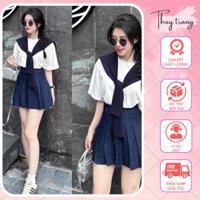 Sét Váy Nữ ,Sét Áo Thủy Thủ 3 Món Kèm Khăn Mix Chân Váy Bò Siêu Xinh-thuy_trang_hottrend_store