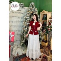 🛍Set Váy Nữ🛍  Set váy dáng dài xoè vải tơ hai lớp phối áo gấm ánh kim cổ trụ thắt nơ tay ngắn phối viền trắng
