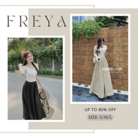 🛍Set Váy Nữ🛍 Set váy maxi chất áo ren hoa tay ngắn trễ vai có dây cột nơ trước ngực mix váy đũi vân mây thiết kế