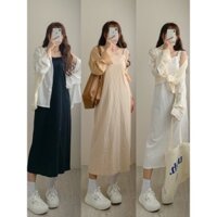 Set váy nữ, Set váy suông dài kèm áo sơ mi khoác ngoài Thời Trang Ullzang nữ tính Hàn Quốc