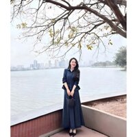 Set váy Nữ thiết kế thời trang công sở chất cotton lạnh áo sơ mi thắt nơ lai bèo tầng phối váy dài xòe lưng chun