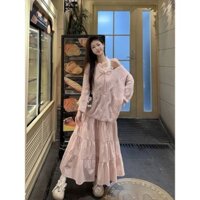 Set Váy Nữ Thời Trang Áo Len Dài Tay Đan Nơ+Áo Camisole Ren+Chân Váy Dài Màu Hồng - Hàng Order