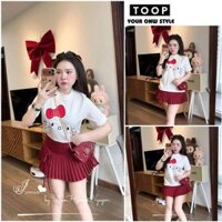 Set váy nữ thời trang, áo thun kute cùng chân váy cạp cao xếp ly chấm bi đỏ điệu đà - TOOP