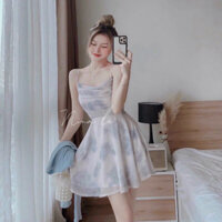 Set váy nữ thời trang mặc đi chơi, đầm 2 dây cổ đổ chất vải voan tặng kèm áo khoác lỡ tay dài chất thun gân.