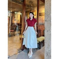 Sét váy nữ thời trang mặc đi chơi áo sơmi chất lụa tay cánh dơi mix chân váy kaki lưng cao dài xoè