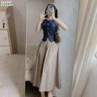 Sét váy nữ thời trang mặc đi chơi áo chất jeans cổ tròn sát nách chạy viền cài nút mix chân váy maxi dáng xoè xếp ly