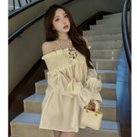 Set Váy Nữ Trễ Vai Chun Phối Dây Đan Nơ Tiểu Thư Kiểu Dáng Babydoll Phong Cách Bánh Bèo Dễ Thương