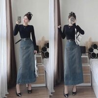 Set váy nữ trơn áo thun gân ôm body cổ tròn tay dài phối chân váy suông jeans quảng châu cao cấp kèm đai xinh xắn