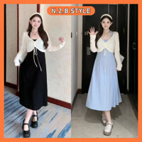 Set váy nữ - Váy 2 dây cổ yếm kèm áo cardigan croptop Chất tăm hàn thích hợp cho các bạn đi học hay đi chơi đều xinh xỉu